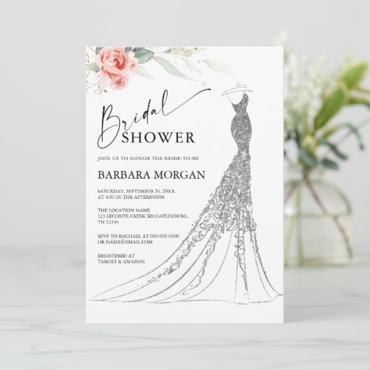 ピンクフローラとシルバー結婚ズのドレスブライダルシャワー 招待状 (スタンド正面)