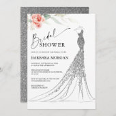 ピンクフローラとシルバー結婚ズのドレスブライダルシャワー 招待状 (正面/裏面)