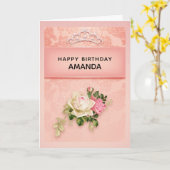 ピンクフローラとダイヤモンドティアラプリンセス誕生日C カード (黄色い花)