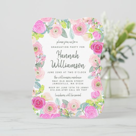 ピンクフローラとドット卒業パーティー招待状 招待状 (スタンド正面)