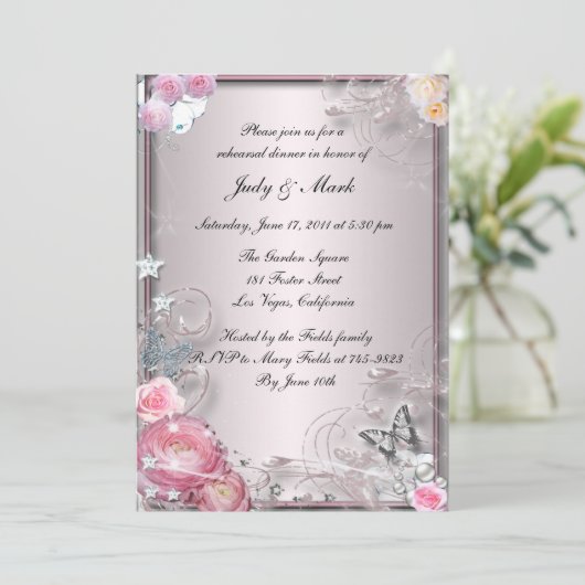 ピンクフローラとバタフライリハーサルディナー招待状 招待状 (スタンド正面)