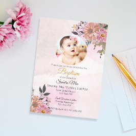 ピンクフローラとフォトバプテスマ招待状 招待状