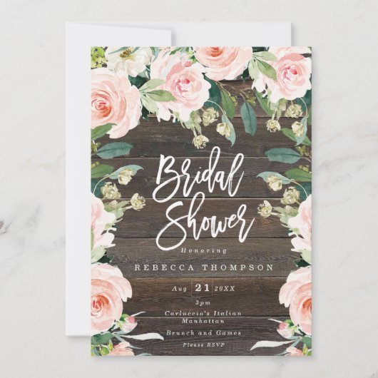 ピンクフローラと緑のボホモダンブライダルシャワー 招待状 (正面)