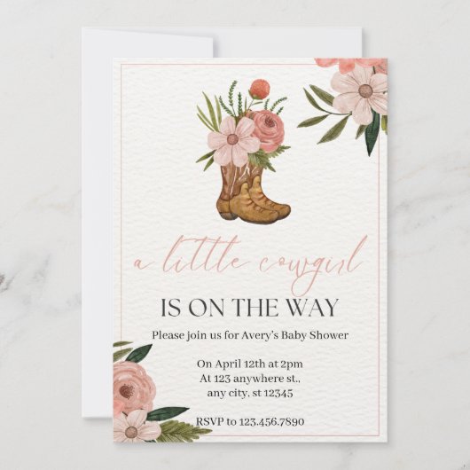 ピンクフローラと緑の女性のカーボーイ誕生日 招待状 (正面)