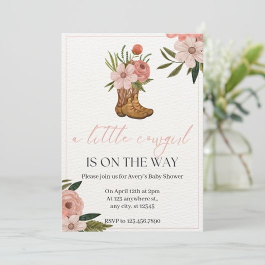 ピンクフローラと緑の女性のカーボーイ誕生日 招待状 (スタンド正面)