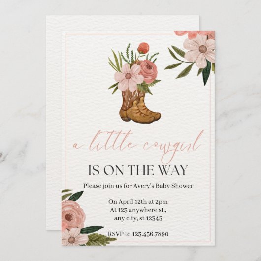 ピンクフローラと緑の女性のカーボーイ誕生日 招待状 (正面/裏面)