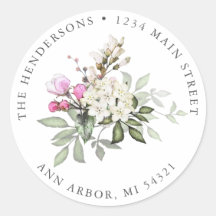 ピンクフローラと緑の差出人住所ラベル