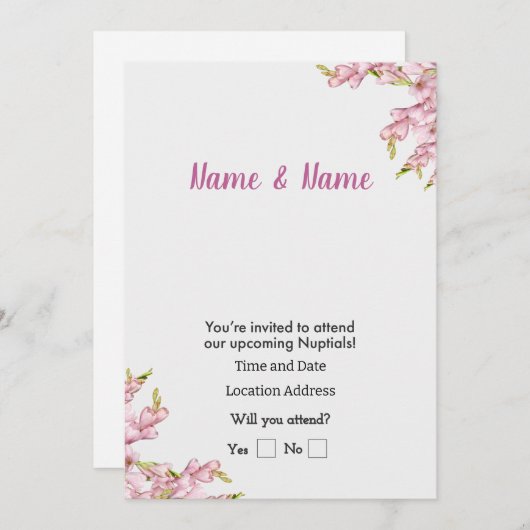 ピンクフローラのカスタマイズ 招待状 (正面/裏面)