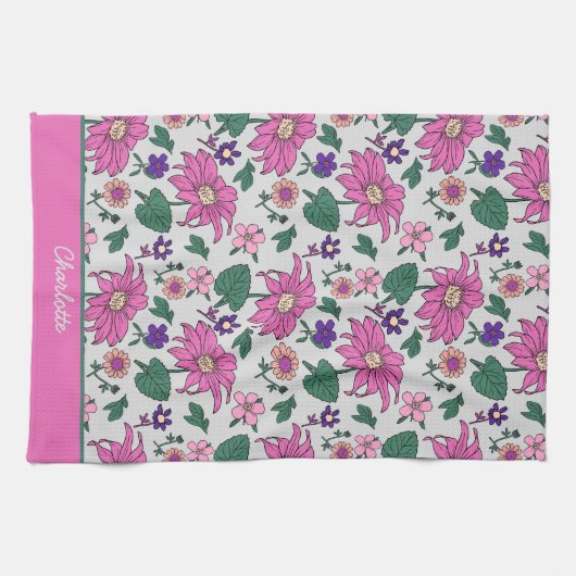 ピンクフローラのシームレスパパーソナライズされたターン名 キッチンタオル (横)