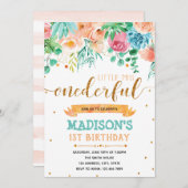 ピンクフローラの最初の誕生日の招待 招待状 (正面/裏面)