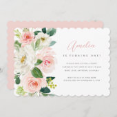 ピンクフローラの最初の誕生日パーティーの招待状 招待状 (正面/裏面)
