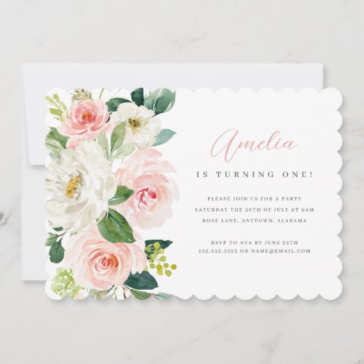 ピンクフローラの最初の誕生日パーティーの招待状 招待状 (正面)