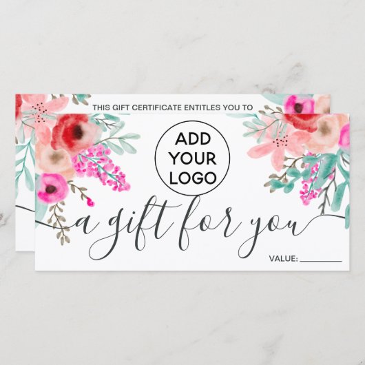 ピンクフローラの水の色のガーリーロゴのギフト証明書 (正面/裏面)