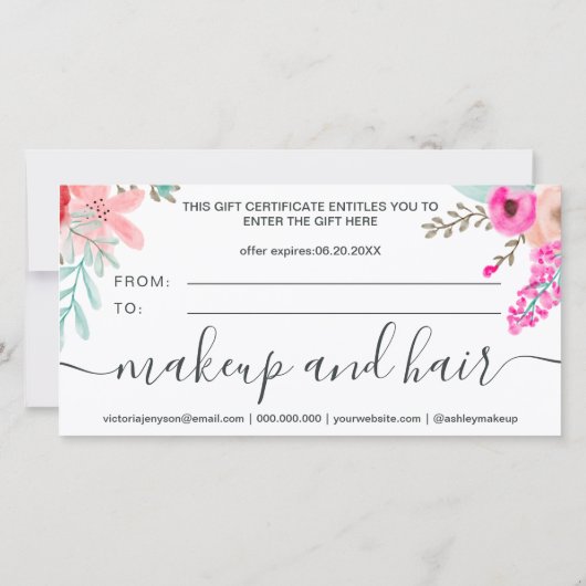 ピンクフローラの水の色のガーリーロゴのギフト証明書 (裏面)