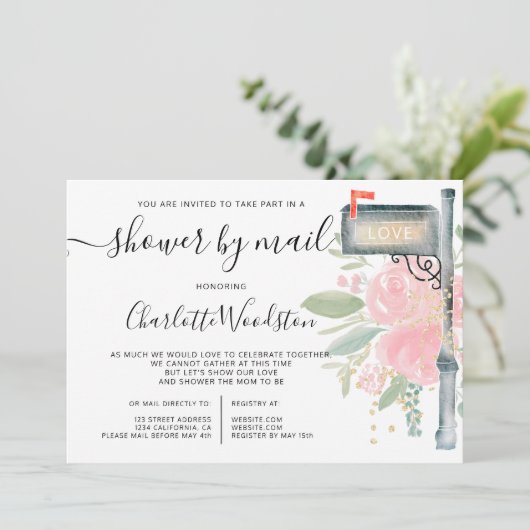 ピンクフローラの水彩のベビーシャワー(郵便箱別) 招待状 (スタンド正面)