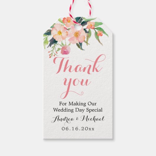 ピンクフローラの水結婚色ありがとう ギフトタグ (正面)
