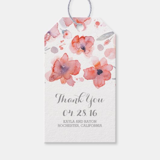 ピンクフローラの水結婚色ありがとう ギフトタグ (正面)