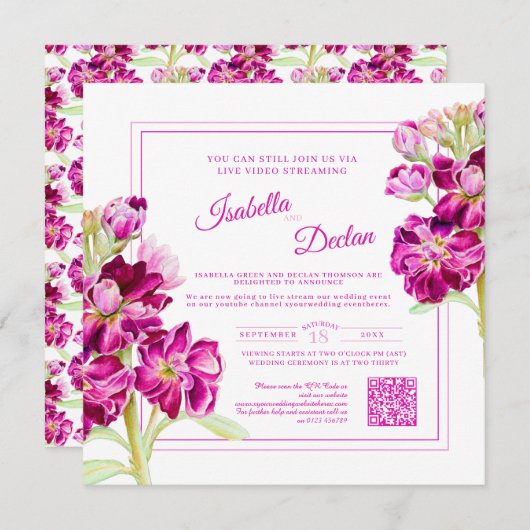 ピンクフローラの水色ライブストリームのQRコード 招待状 (正面/裏面)