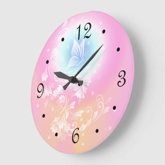 ピンクフローラの蝶ガーリーの数 ラージ壁時計 (傾斜)