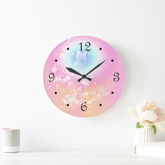 ピンクフローラの蝶ガーリーの数 ラージ壁時計 (ホーム)