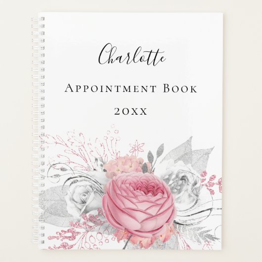 ピンクフローラの銀色の葉の白い名前スクリプト2022 プランナー手帳 (正面)