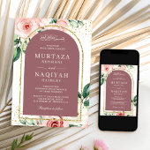 ピンクフローラほこりっぽいバラアーチQRコードムスリム結婚ズ 招待状