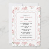 ピンクフローラみすぼらしいシックなヴィンテージベビーガールシャワー 招待状 (正面)