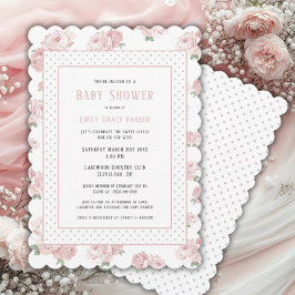 ピンクフローラみすぼらしいシックなヴィンテージベビーガールシャワー 招待状