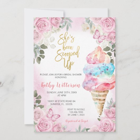 ピンクフローラアイスクリームブライダルシャワー招待 招待状 (正面)