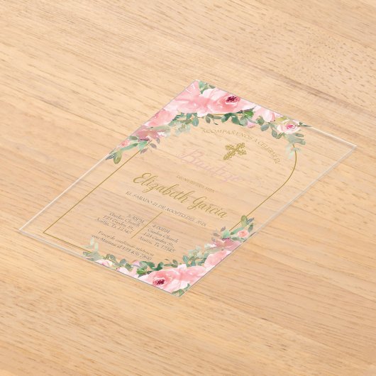 ピンクフローラアクリルスペインの洗礼 アクリル招待状 (レイダウン)