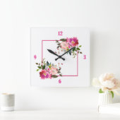 ピンクフローラアクリル時計 スクエア壁時計 (ホーム)