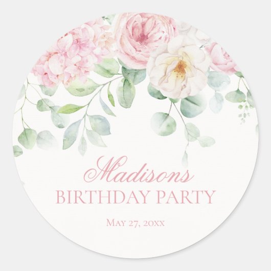 ピンクフローラアジサイ開花誕生日招待状シール ラウンドシール (正面)