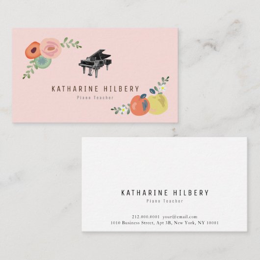 ピンクフローラアップルピアノ先生名刺 名刺 (正面/裏面)