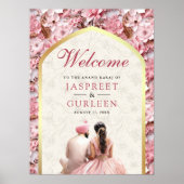 ピンクフローラアナンドKaraj Sikh結婚のウェルカムサイン ポスター (正面)