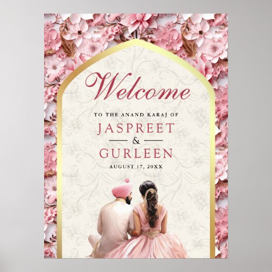 ピンクフローラアナンドKaraj Sikh結婚のウェルカムサイン ポスター (正面)