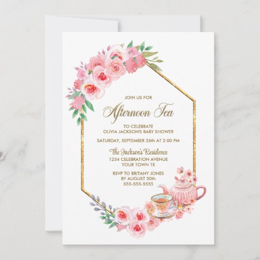 ピンクフローラアフタヌーンティーベイビーシャワー 招待状 (正面)