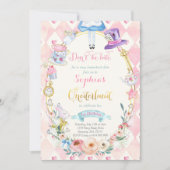 ピンクフローラアリスインワンダーランド誕生日ティーパーティー 招待状 (正面)