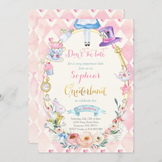 ピンクフローラアリスインワンダーランド誕生日ティーパーティー 招待状 (正面/裏面)