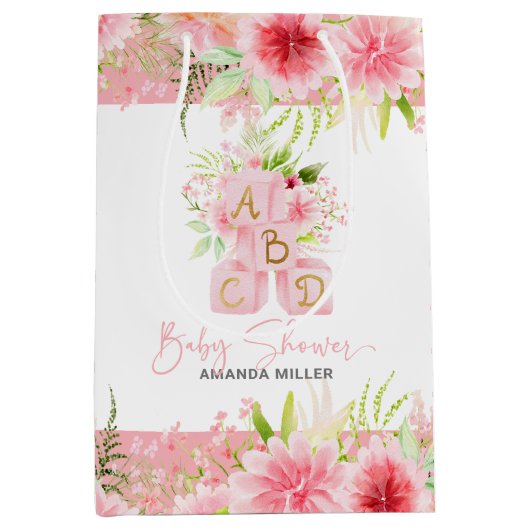 ピンクフローラアルファベットブロックベビーシャワータイポグラフィ ミディアムペーパーバッグ (正面)