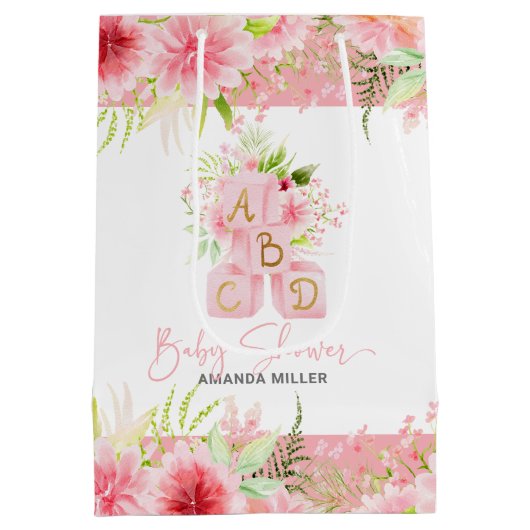 ピンクフローラアルファベットブロックベビーシャワータイポグラフィ ミディアムペーパーバッグ (裏面)