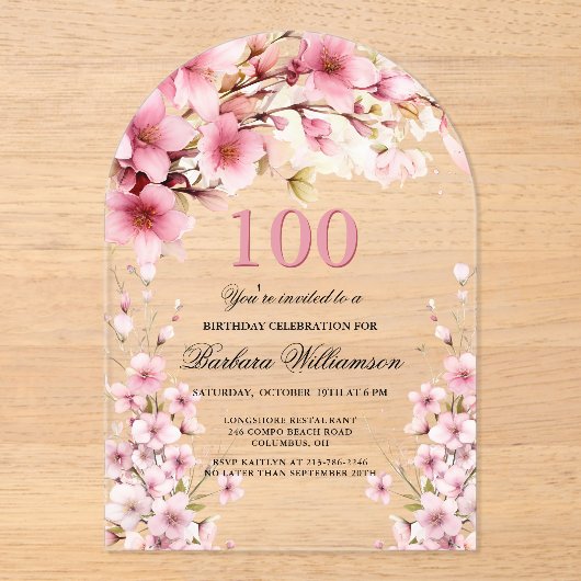ピンクフローラアーチエレガンス100thバースデーパーティー アクリル招待状 (正面)