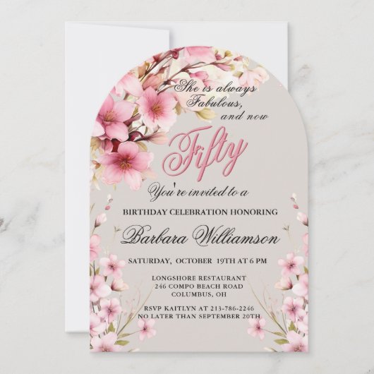 ピンクフローラアーチエレガンス50 & Fabバースデーパーティー 招待状 (正面)