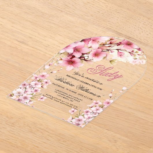 ピンクフローラアーチエレガンス60thバースデーパーティー アクリル招待状 (レイダウン)