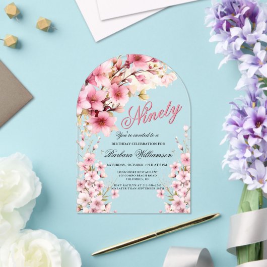 ピンクフローラアーチエレガンス90thバースデーパーティー アクリル招待状 (インサイチュ (ウェディング))
