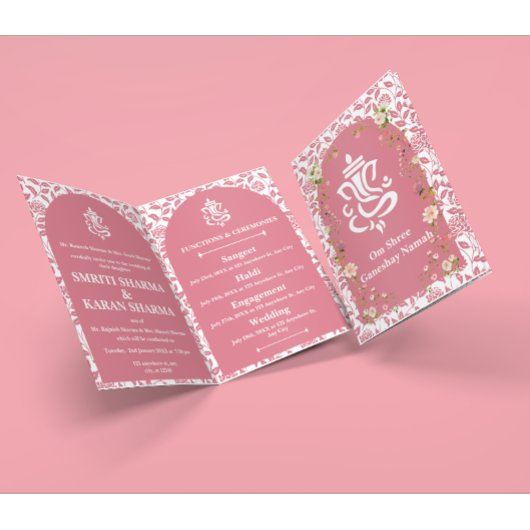ピンクフローラアーチフレームインディアン結婚ズ 招待状