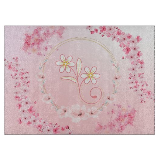 ピンクフローラアートフレッシュ春開花デザイン カッティングボード (正面)