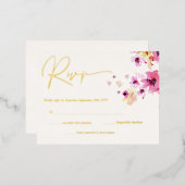 ピンクフローライエローフラワーズボタニカルRSVP金ゴールド 箔招待状ポストカード (正面/裏面)