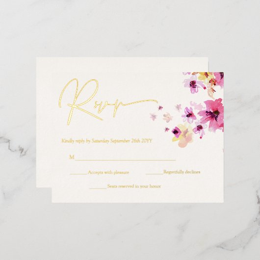 ピンクフローライエローフラワーズボタニカルRSVP金ゴールド 箔招待状ポストカード (正面/裏面)