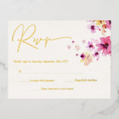 ピンクフローライエローフラワーズボタニカルRSVP金ゴールド 箔招待状ポストカード (正面)