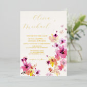ピンクフローライエローフラワーボタニッ結婚クの金ゴールド 箔招待状 (立ち正面)